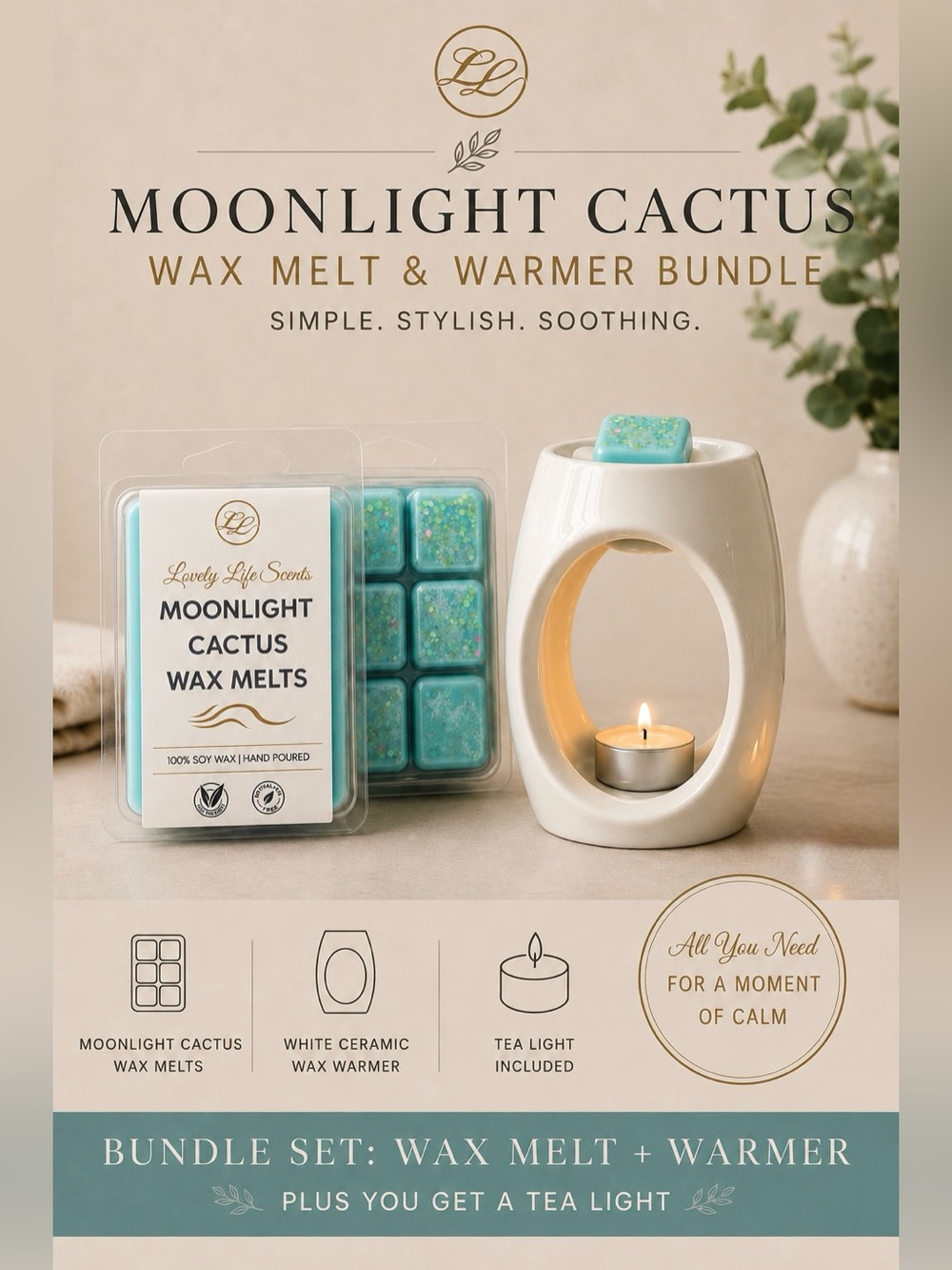 Moonlight Cactus Wax Melt & White Ceramic Warmer Bundle - Lovely Life Scents